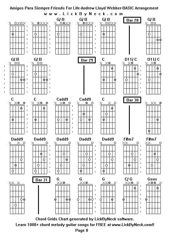 Chord Grids Chart of chord melody fingerstyle guitar song-Amigos Para Siempre-Friends For Life-Andrew Lloyd Webber-BASIC Arrangement,generated by LickByNeck software.